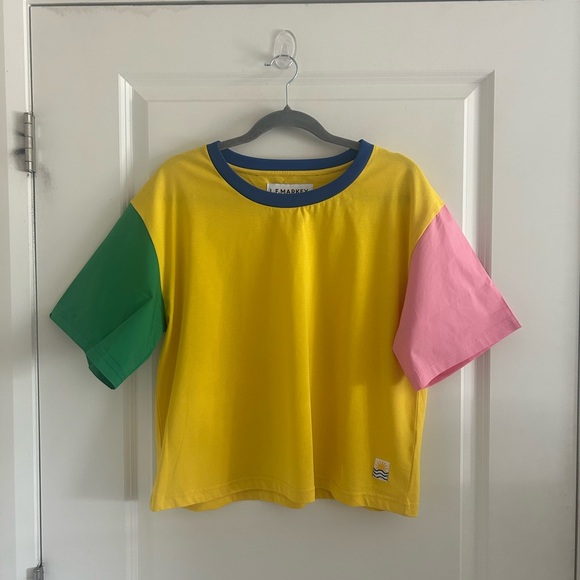 Yellow and Green Color Block Blouse Casual Style - Picture 1 of 6